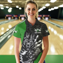 Load image into Gallery viewer, Black And Green Custom Bear Bowling Queen Polo Shirts For Women, Bear Bowling Team Uniform IPHW8838