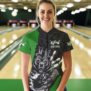 Black Green Custom Bear Bowling Queen Women Quarter-Zip Shirt, Bear Bowling Team Uniform IPHW8838