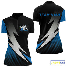Load image into Gallery viewer, Black And Blue Custom Bowling Jerseys, Women Quarter-Zip Shirt Bowling Tournament Outfits IPHW9078