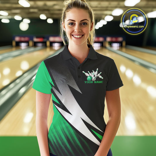 Black And Green Custom Bowling Jerseys, Women Polo Shirt Bowling Tournament Outfits IPHW9079
