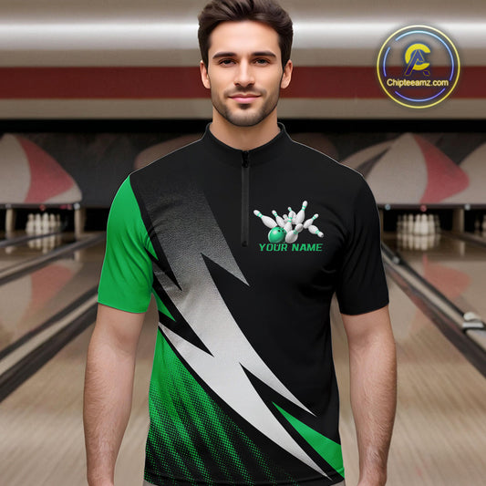 Black And Green Custom Bowling Jerseys, Men Quarter-Zip Shirt Bowling Tournament Outfits IPHW9079