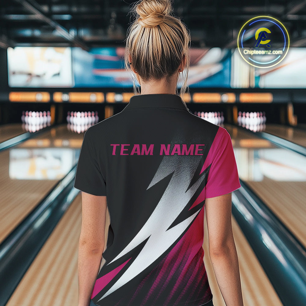 Black And Pink Custom Bowling Jerseys, Women Polo Shirt Bowling Tournament Outfits IPHW9081