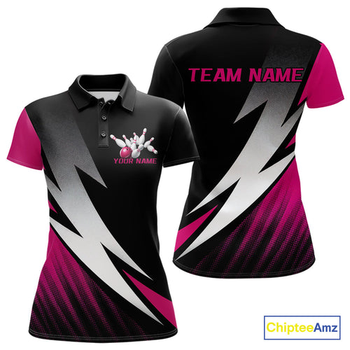 Black And Pink Custom Bowling Jerseys, Women Polo Shirt Bowling Tournament Outfits IPHW9081