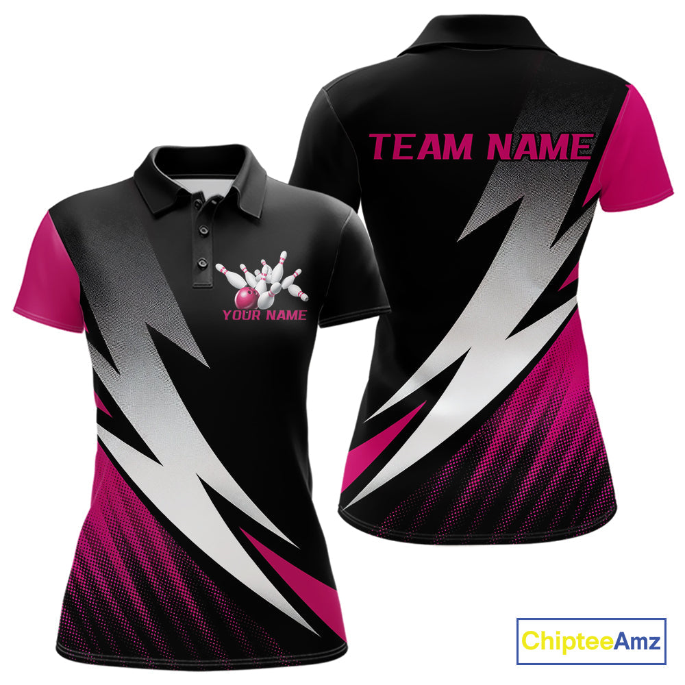 Black And Pink Custom Bowling Jerseys, Women Polo Shirt Bowling Tournament Outfits IPHW9081