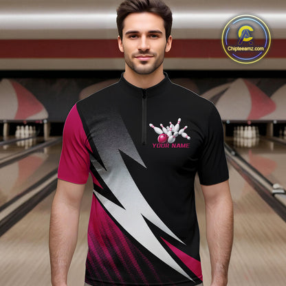 Black And Pink Custom Bowling Jerseys, Men Quarter-Zip Shirt Bowling Tournament Outfits IPHW9081