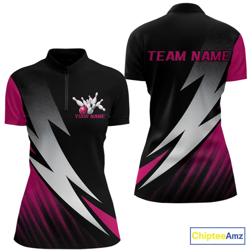 Black And Pink Custom Bowling Jerseys, Women Quarter-Zip Shirt Bowling Tournament Outfits IPHW9081