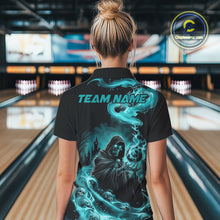 Load image into Gallery viewer, Custom Grim Reaper Bowling Polo Shirts For Women, Teal Blue Flame Skull Halloween Design IPHW9082