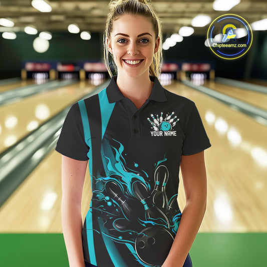 Custom Teal Blue Flame Bowling Polo Shirts For Women, Striking Fire Jerseys Team Uniform IPHW9085