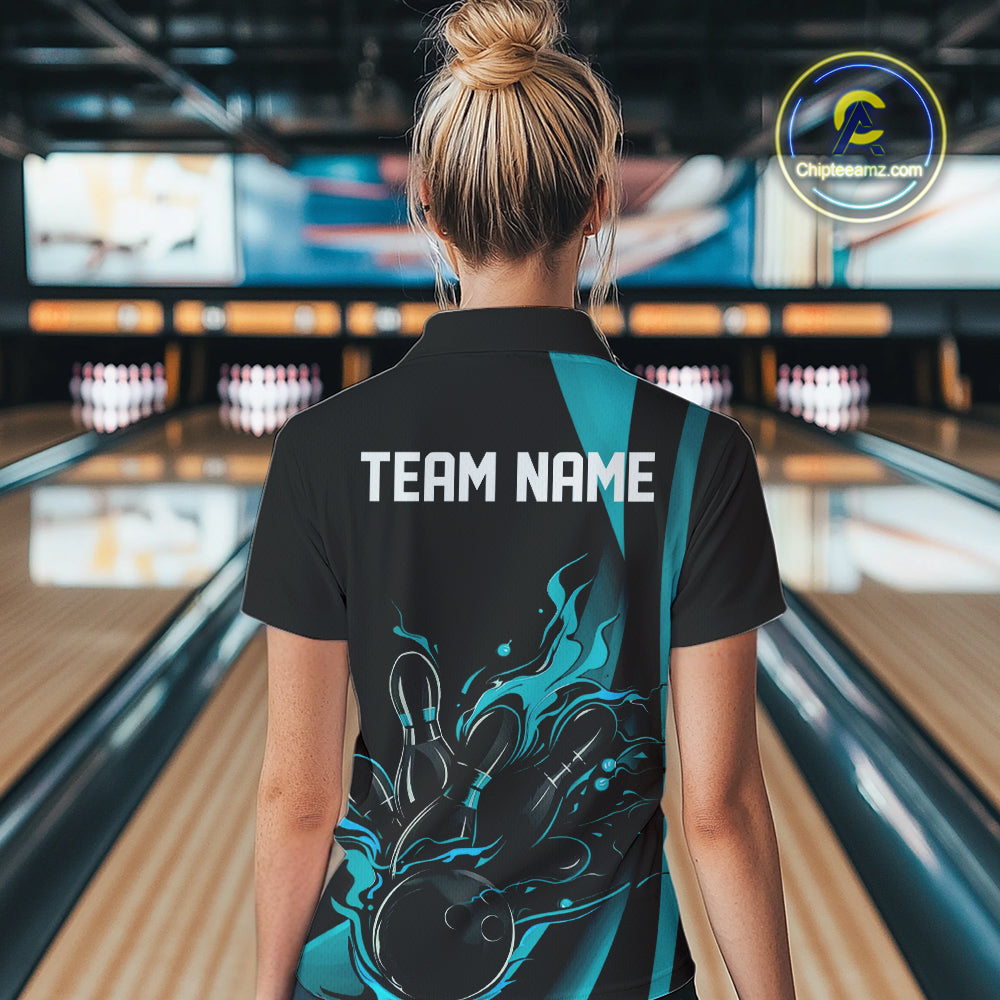 Custom Teal Blue Flame Bowling Polo Shirts For Women, Striking Fire Jerseys Team Uniform IPHW9085