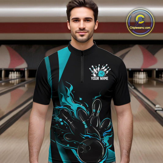 Custom Teal Blue Flame Bowling Quarter-Zip Shirts For Men, Striking Fire Jerseys Team Uniform IPHW9085