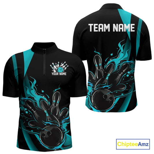 Custom Teal Blue Flame Bowling Quarter-Zip Shirts For Men, Striking Fire Jerseys Team Uniform IPHW9085