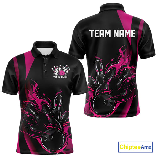 Custom Pink Flame Bowling Polo Shirts For Men, Striking Fire Jerseys Team Uniform IPHW9086