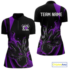 Load image into Gallery viewer, Custom Purple Flame Bowling Women Quarter-Zip Shirts, Striking Fire Jerseys Team Uniform IPHW9087