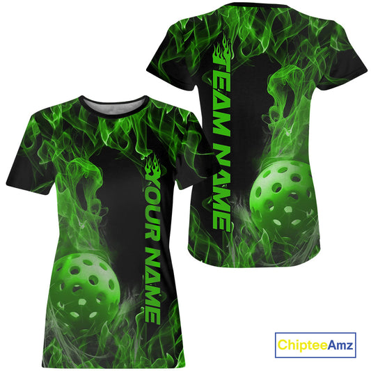 Custom Green Flame Pickleball T-Shirts For Women, Fire Pickleball Jerseys Team Uniform IPHW9089