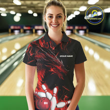 Load image into Gallery viewer, Custom Black And Red Flame Dragon Bowling Team Women Polo Shirts, Bowling League Shirt IPHW9333
