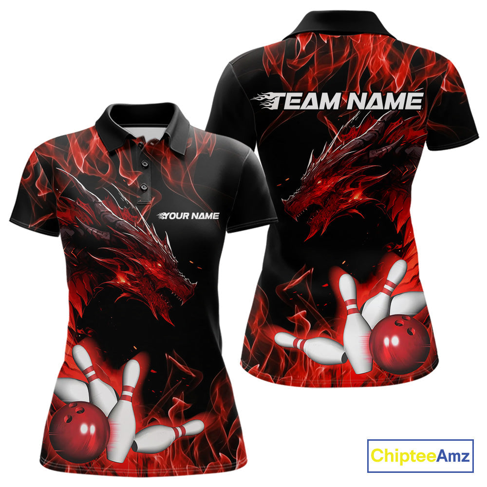 Custom Black And Red Flame Dragon Bowling Team Women Polo Shirts, Bowling League Shirt IPHW9333