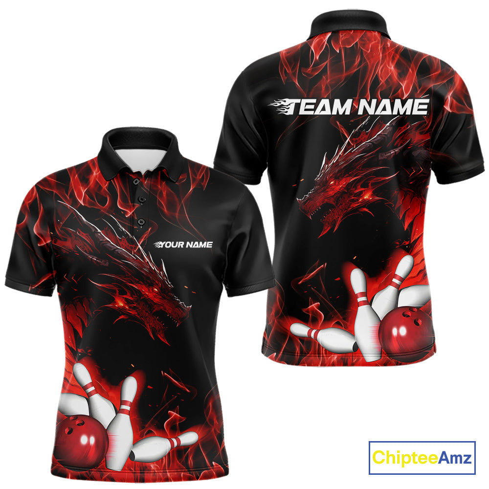 Custom Black And Red Flame Dragon Bowling Team Men Polo Shirts, Bowling League Shirt IPHW9333