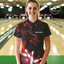 Load image into Gallery viewer, Custom Red Flame Dragon Bowling Team Women Quarter-Zip Shirt, Bowling League Shirt IPHW9333