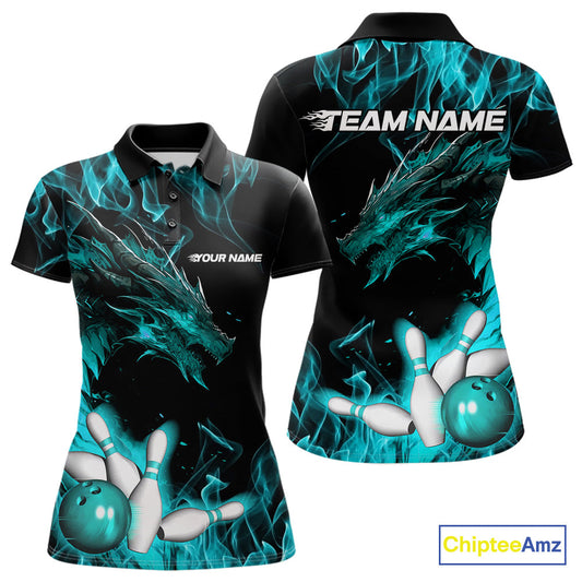 Custom Black And Blue Flame Dragon Bowling Team Women Polo Shirts, Bowling League Shirt IPHW9334
