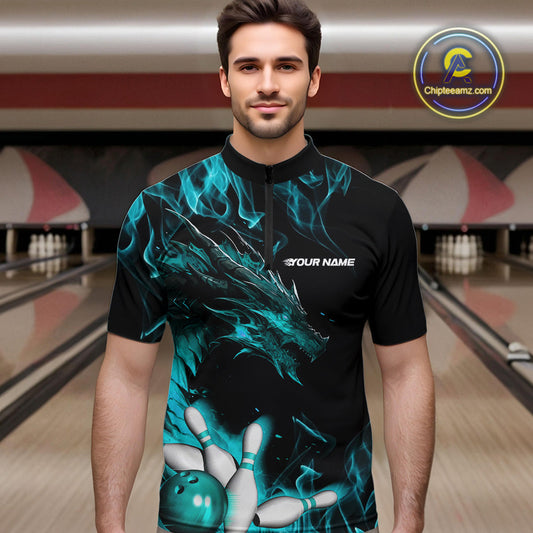 Custom Black And Blue Flame Dragon Bowling Team Men Quarter-Zip Shirts, Bowling League Shirt IPHW9334