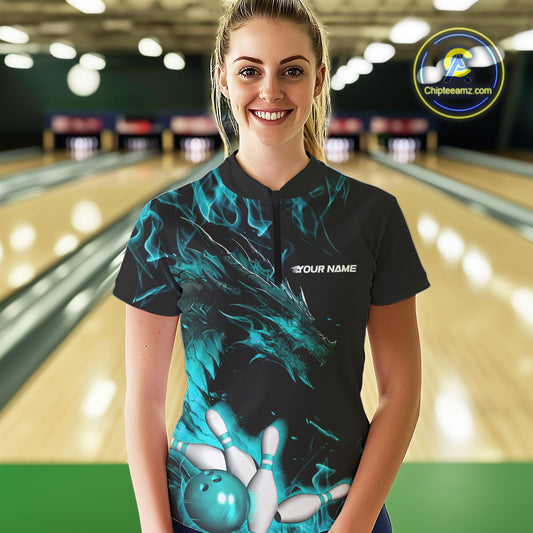 Custom Black And Blue Flame Dragon Bowling Women Quarter-Zip Shirts, Bowling League Shirt IPHW9334