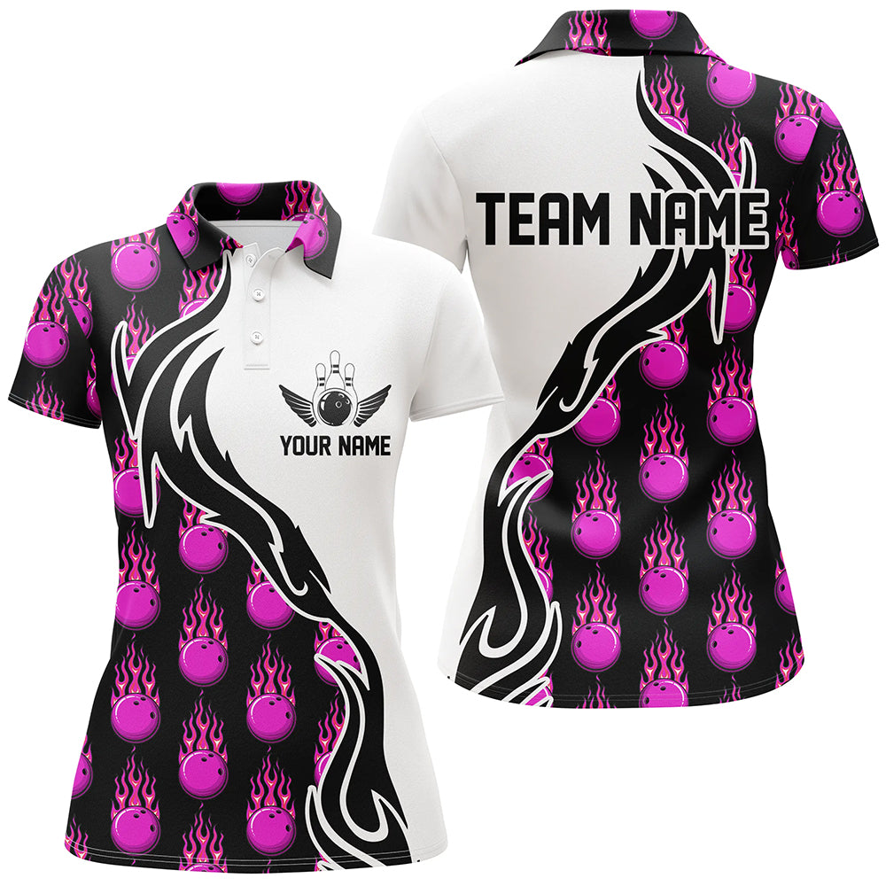 Pink Custom Flame Bowling Shirts For Women, Ladies Bowling Polo Shirts With Name IPHW4961