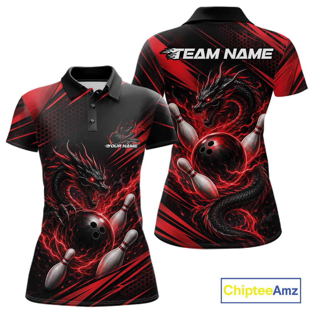 Custom Black And Red Flame Dragon Bowling Jersey, Dragon Bowling Women Polo Shirt IPHW11833