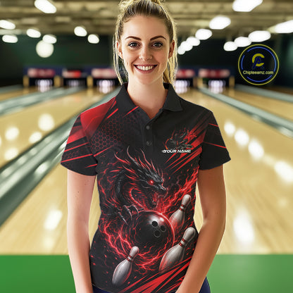 Custom Black And Red Flame Dragon Bowling Jersey, Dragon Bowling Women Polo Shirt IPHW11833