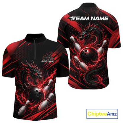 Custom Black And Red Flame Dragon Bowling Jersey, Dragon Bowling Men Quarter Zip Shirt IPHW11833