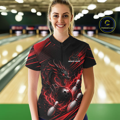 Custom Black And Red Flame Dragon Bowling Jersey, Dragon Bowling Women Quarter-Zip Shirt IPHW11833