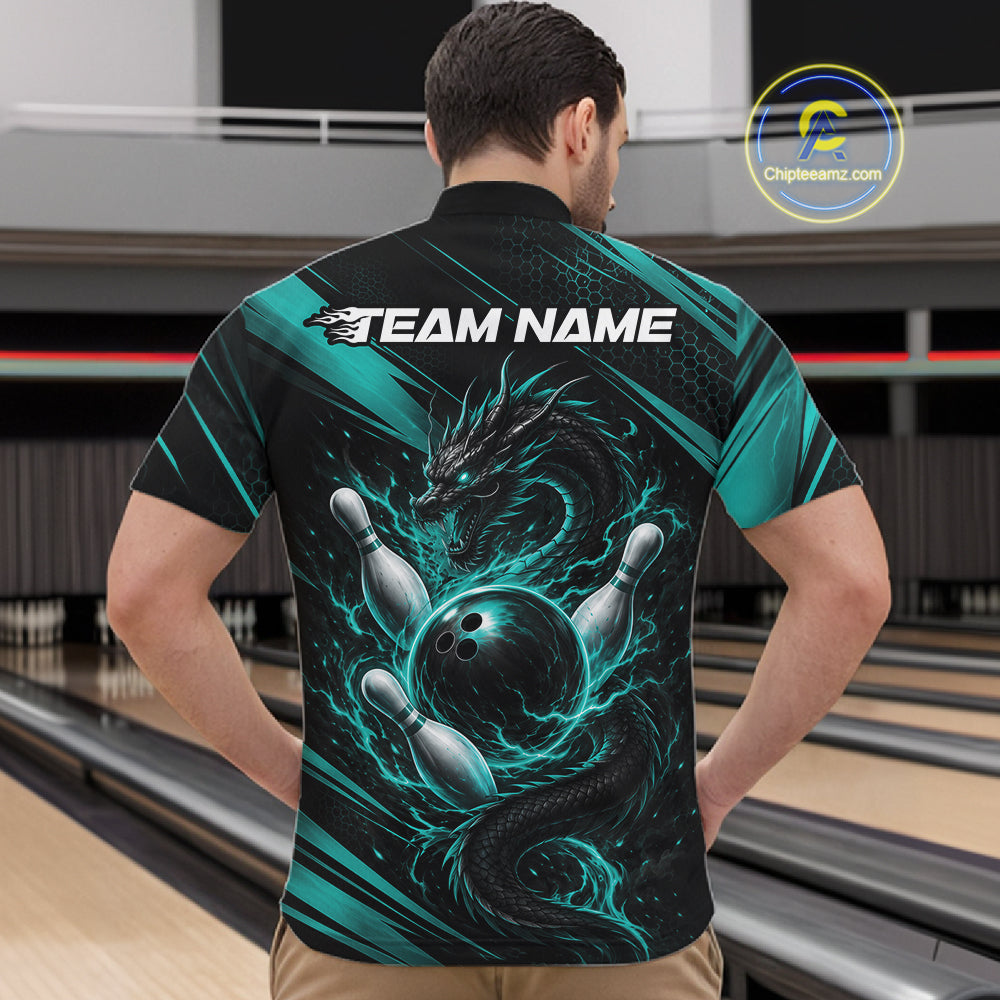 Custom Turquoise Blue Flame Dragon Bowling Jersey, Dragon Bowling Men Quarter Zip Shirt IPHW11834