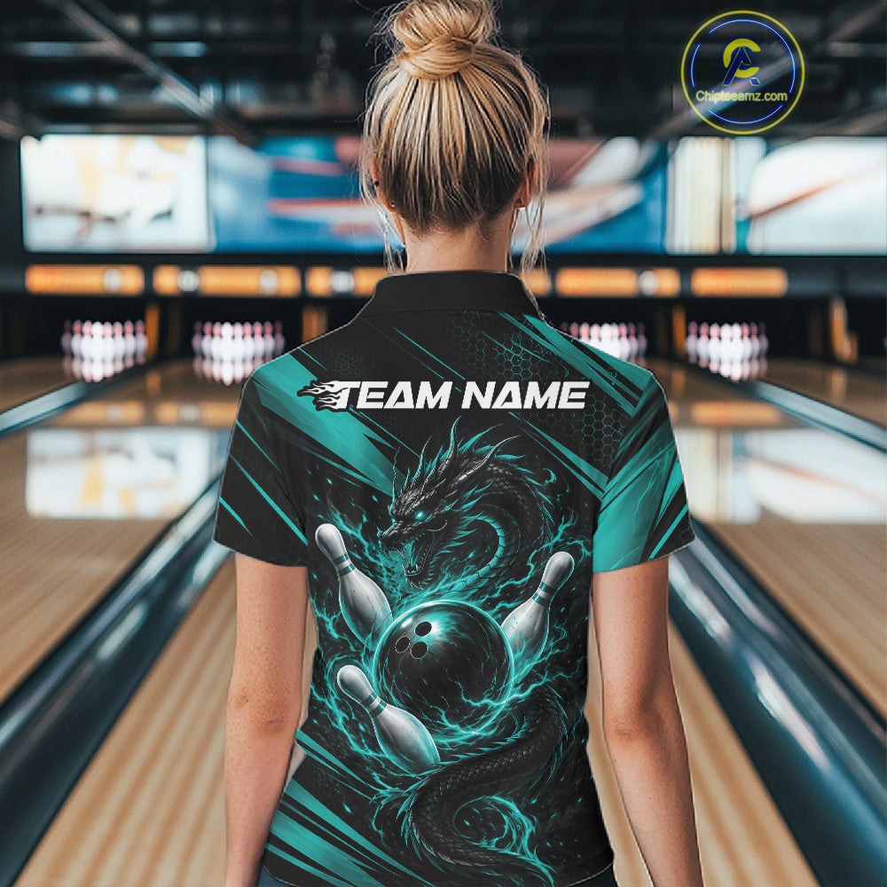 Custom Turquoise Blue Flame Dragon Bowling Jersey, Bowling Women Quarter-Zip Shirt IPHW11834