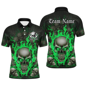 Custom Green Flame Skull Bowling Shirts For Men, Halloween Bowling Team Outfits Uniform IPHW7389