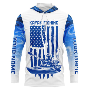 Personalized American Flag Kayak Fishing Long Sleeve Shirts Patriotic, Blue Camo Kayak Fishing Shirt IPHW6054