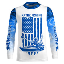 Load image into Gallery viewer, Personalized American Flag Kayak Fishing Long Sleeve Shirts Patriotic, Blue Camo Kayak Fishing Shirt IPHW6054