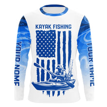 Load image into Gallery viewer, Personalized American Flag Kayak Fishing Long Sleeve Shirts Patriotic, Blue Camo Kayak Fishing Shirt IPHW6054