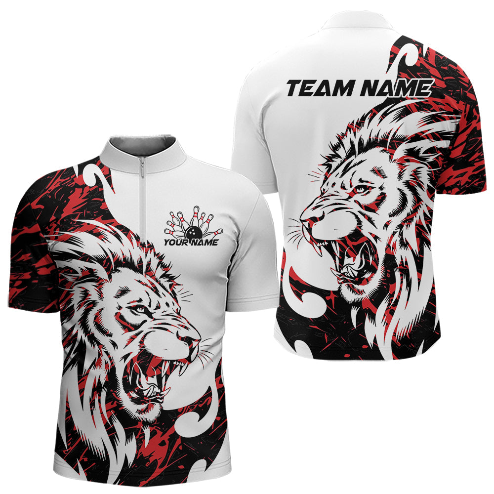 Custom Red Camo Lion Bowling Team Quarter-Zip Shirts For Men, Lion Bowling League Shirt IPHW8855