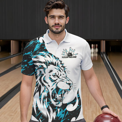 Custom Blue Camo Lion Bowling Team Polo Shirts For Men, Lion Bowling League Shirt IPHW8856