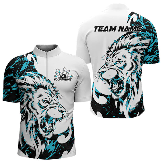 Custom Blue Camo Lion Bowling Team Quarter-Zip Shirts For Men, Lion Bowling League Shirt IPHW8856