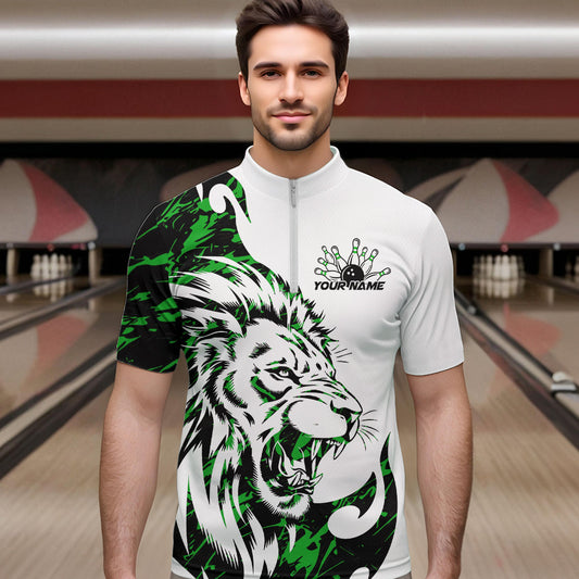 Custom Green Camo Lion Bowling Team Quarter-Zip Shirts For Men, Lion Bowling League Shirt IPHW8857