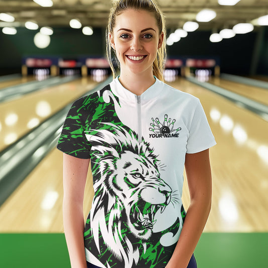Custom Green Camo Lion Bowling Team Quarter-Zip Shirts For Women, Lion Bowling League Shirt IPHW8857