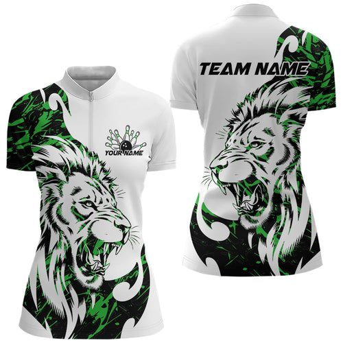 Custom Green Camo Lion Bowling Team Quarter-Zip Shirts For Women, Lion Bowling League Shirt IPHW8857