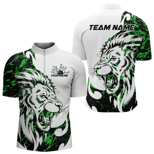 Custom Green Camo Lion Bowling Team Quarter-Zip Shirts For Men, Lion Bowling League Shirt IPHW8857