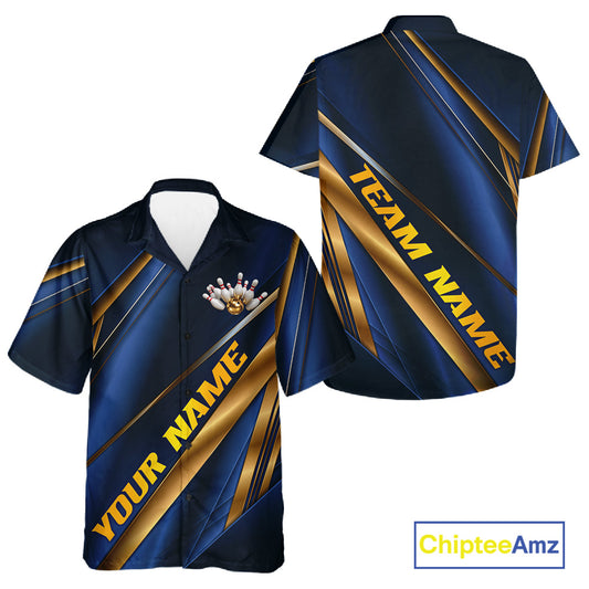 Custom short-sleeve button-up camp shirt shown from the front and back, featuring a navy blue and gold diagonal striped pattern with 'TEAM NAME' and 'YOUR NAME' text placeholders, displayed on a white background with a ChipteeAmz logo in the corner.