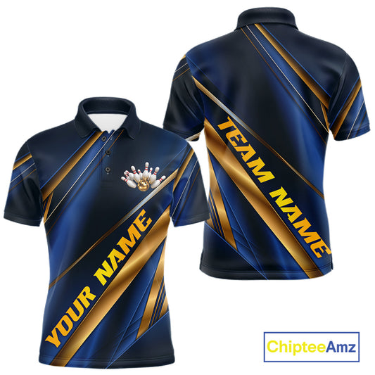 Custom short-sleeve polo shirt shown from the front and back in a dark navy blue color with metallic gold diagonal stripes and yellow text placeholders reading 'YOUR NAME' and 'TEAM NAME'. A small bowling pin graphic is visible on the front chest.