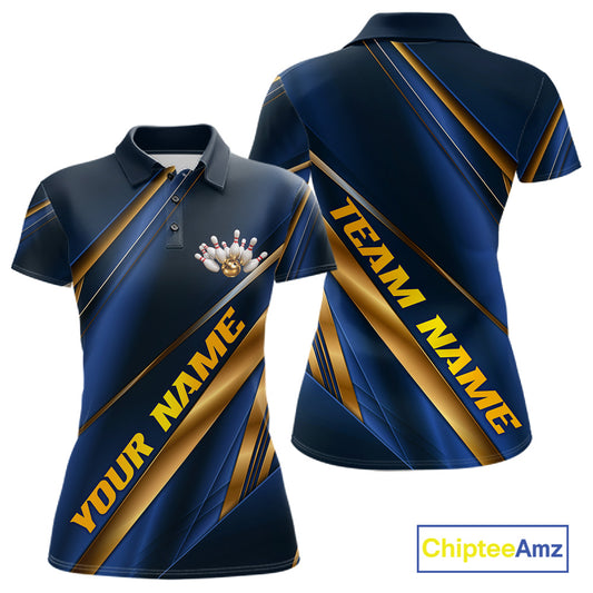 Customizable navy blue and gold short-sleeve polo shirt shown from both front and back views, featuring diagonal gold stripes, a bowling pins crest, and placeholder text 'YOUR NAME' and 'TEAM NAME'. A 'ChipteeAmz' logo is visible in the bottom right corner.