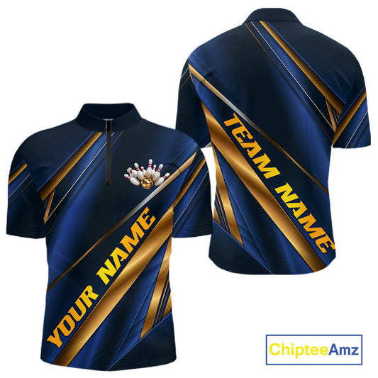 Customizable short-sleeve athletic polo shirt shown from front and back views. The shirt features a dark navy blue base with metallic gold diagonal stripes and yellow text placeholders reading 'YOUR NAME' and 'TEAM NAME'.