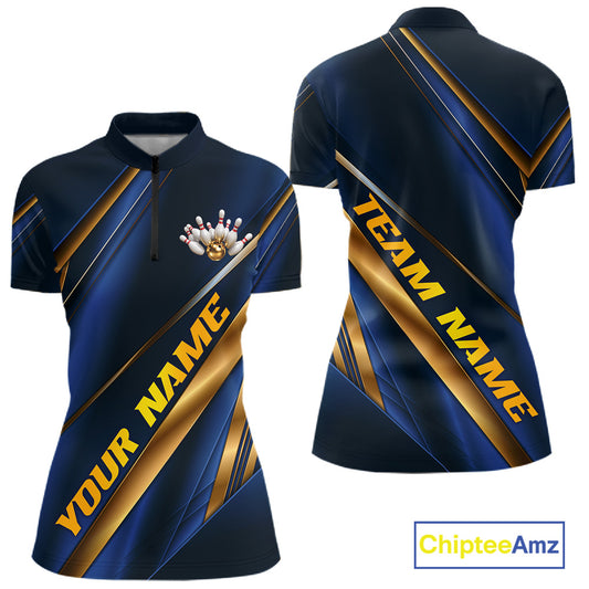 Custom bowling polo shirt shown from both front and back views. The shirt features a dark navy blue base with metallic gold diagonal stripes, a gold and white bowling pins graphic on the left chest, and 'YOUR NAME' printed in gold on the front.
