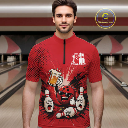 Custom Funny Beer Pitcher Bowling Men Quarter Zip Shirt, Red Bowling Party Shirt IPHW11853