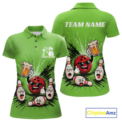 Custom Funny Beer Pitcher Bowling Women Polo Shirt, Green Bowling Party Shirt IPHW11855